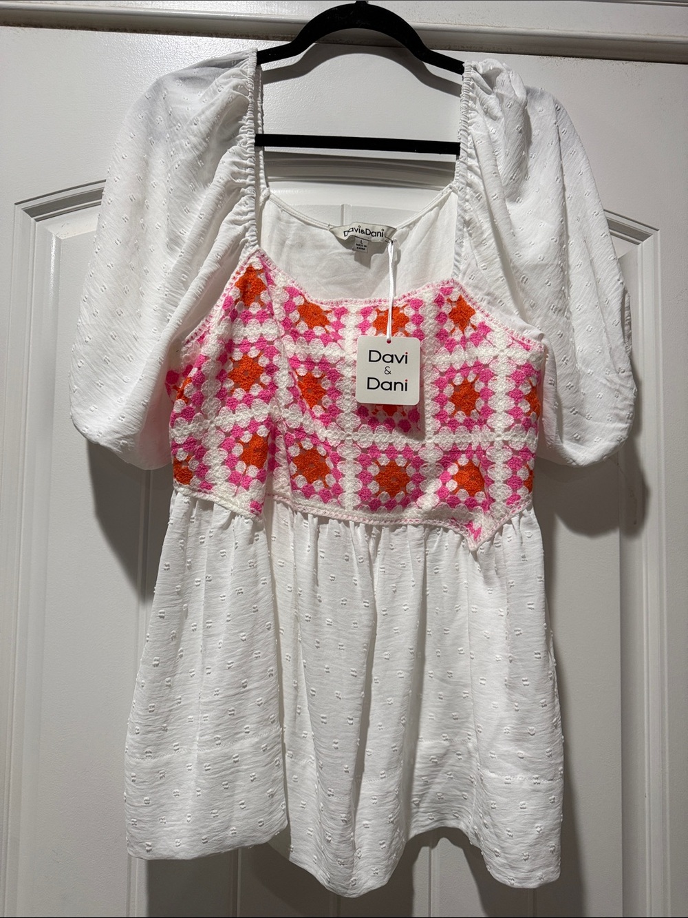 DAVI & DANI White Peasant Top with Pink and Orange Crochet Bodice